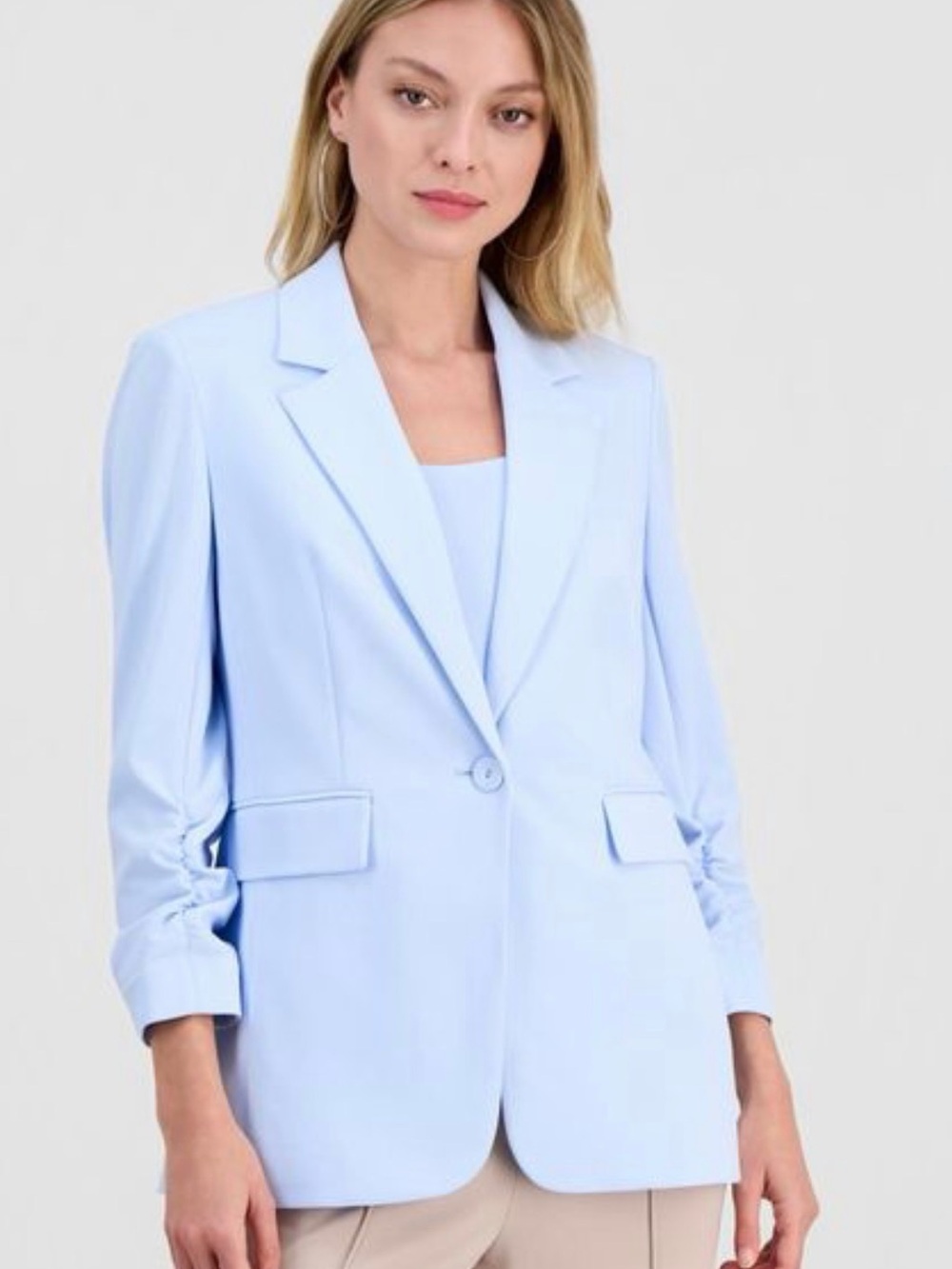 Bar III Blue Crepe One-button Scrunched-sleeve Jacket Size XL
